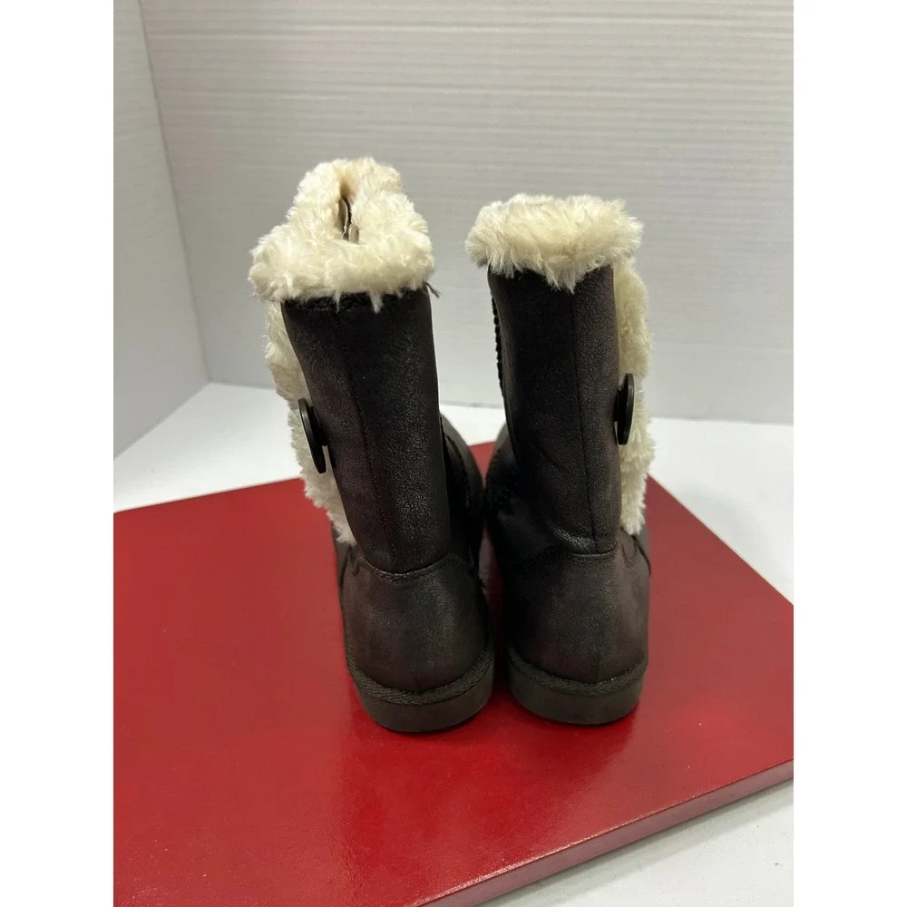 SO Metallic Mid-Calf Boots 6 Pewter Faux Fur Trim Button Cozy Cabin Y2K